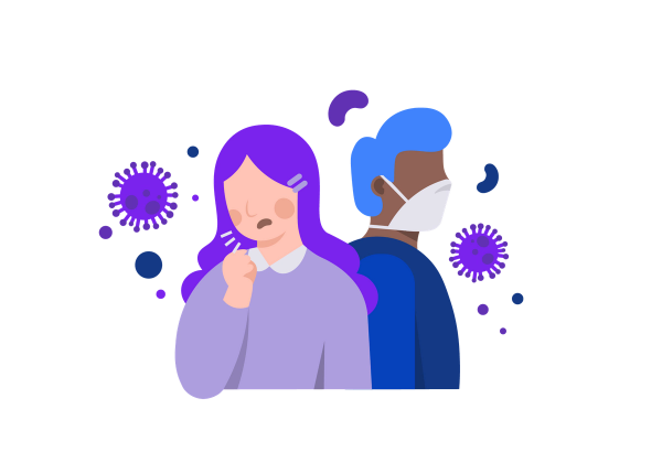 Two people next to each other, one wearing a mask and the other coughing, with viruses around them.