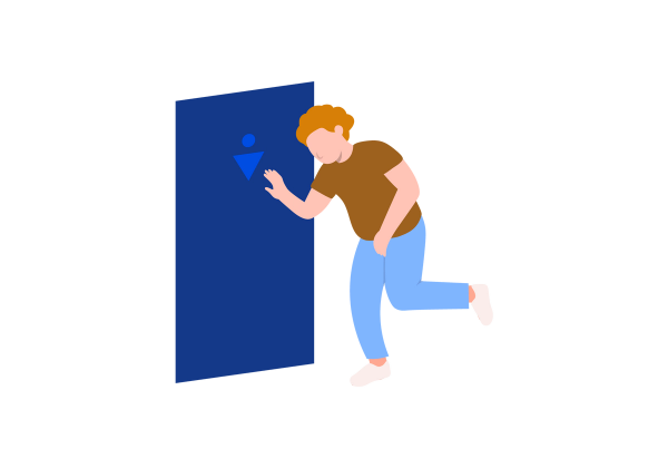 Illustration d’un homme courant vers une porte de salle de bains bleu foncé. Il tient son entrejambe d'une main et pose l'autre sur la porte. Il porte un jean et un t-shirt marron.