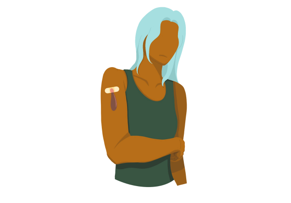 An illustration of a frowning woman with her arm bent in front of her. A bandaid is on her upper arm, and blood leaks out of the bandaid and down her arm. She is wearing a dark green shirt and her hair is light green.