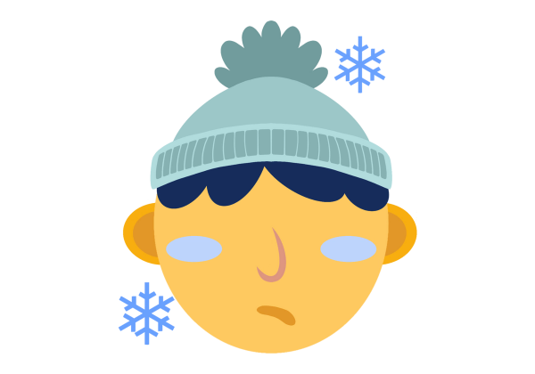 A frowning boy with a red nose and blue cheeks. He wears a green winter hat, and two blue snowflakes are on either side of his head.