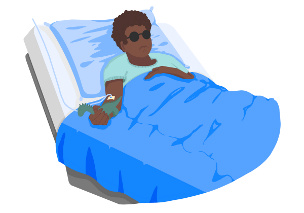 An illustration of a young boy reclining in a hospital bed. He has brown skin and dark brown, curly hair. He is holding a green toy dinosaur in his right arm, which also has an IV port in it. He is wearing round, black glasses, representing vision loss. His other arm rests across his chest. He is wearing a green shirt and is under a blue blanket. The pillow is a lighter blue, the sheets are white, and the frame is grey metal. The boy looks sickly and tired.