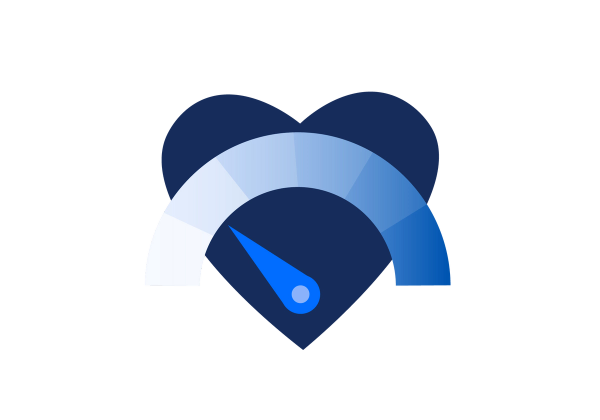 An illustration of a dark blue heart with a medium blue indicator like on a blood pressure dial. An arch is over the heart with a gradient of white to blue from left to right.