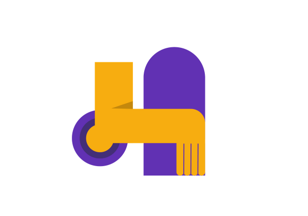 A bent yellow elbow with a bump. Purple circles radiate from the bump, and a purple arch is underneath the hand.