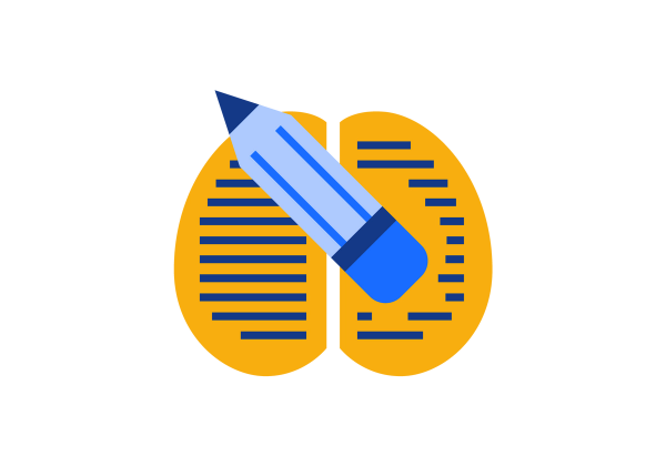 Deux moitiés d'un cerveau jaune avec des rayures bleu foncé. Un crayon bleu clair se trouve en diagonale sur le cerveau.