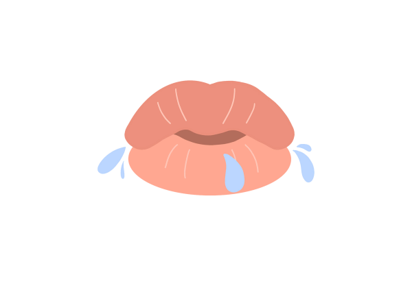 An illustration of a pair of pink pursed lips. Light blue drops of saliva come out of the mouth. The top lip is slightly darker than the bottom.