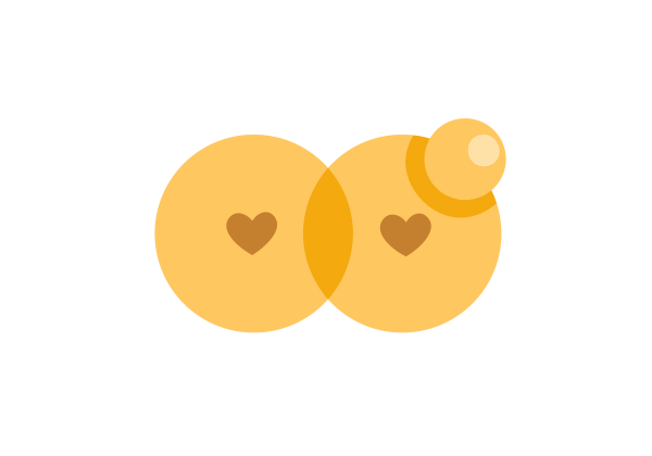 Two yellow overlapping breasts with brown heart-shaped nipples. The right breast has a lump emanating three white lines.