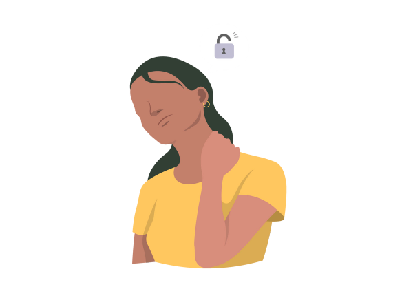 An illustration of a frowning woman tilting her neck slightly back and to the side. She holds her neck with one hand. A speech bubble comes from her neck area, with a lock inside of it. She has long brown hair and is wearing gold hoop earrings and a yellow short-sleeved t-shirt.