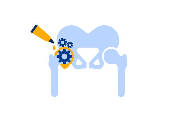 Light blue pelvis and hip bones. There are dark blue gears on the left side, and a yellow tube squirting yellow fluid into them.