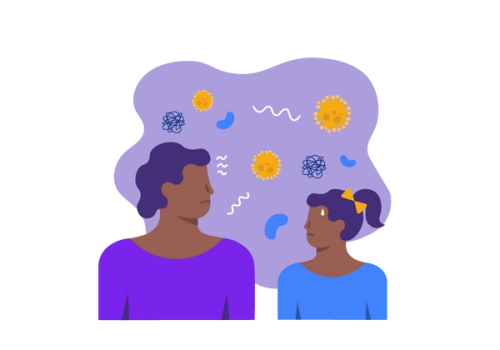An illustration of a woman and child looking at each other. A purple cloud filled with virus shapes is behind and above them. The child has a sweat drop on her forehead, showing anxiety. Her hair is in a ponytail with a yellow bow and she is wearing a blue long-sleeved shirt. The woman has short curly hair and is wearing a purple long-sleeved shirt. Both have medium brown skin.