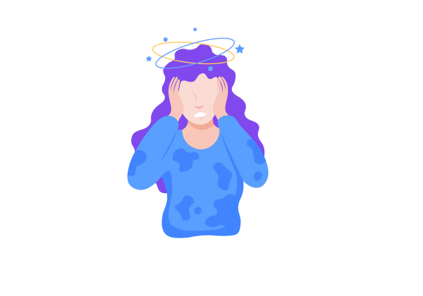 An illustration of a grimacing woman from the waist up holding her head in her hands. There are blue and yellow ovals and stars above her head showing dizziness. She has light peach toned skin, long, curly purple hair, and is wearing a medium blue cowprint shirt.