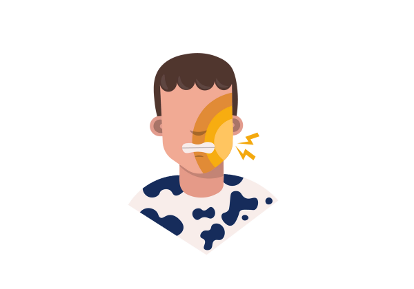 An illustration of a grimacing man. The left side of his face has a large yellow spot over it. Two yellow lightning bolts emanate from it. He has short brown hair and is wearing a cow print shirt.