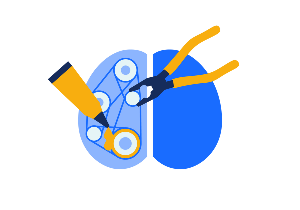 Two halves of a brain, the left is a lighter blue and the right is a medium blue. There are gears and bands on the left side. Yellow pliers adjust a gear and a yellow tube squeezes glue onto another gear.