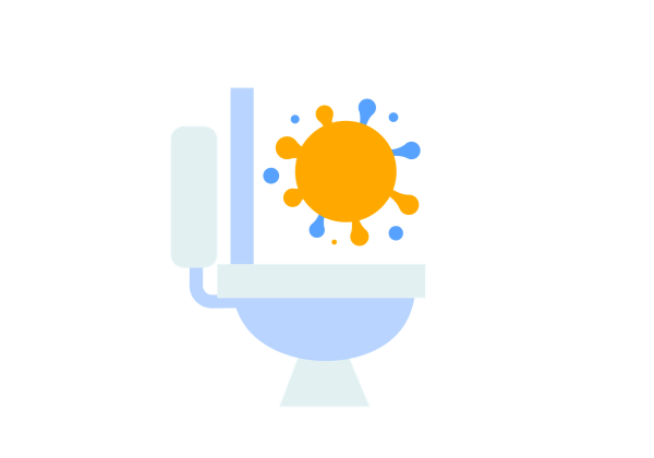 A light blue toilet with a yellow and blue rotavirus above the bowl.