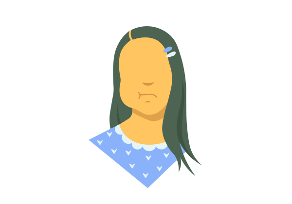 An illustration of a woman's head and shoulders. Her jaw is swollen on her right side, and she's frowning. She has long dark green hair with two hair clips and is wearing a blue shirt with a light blue collar and heart pattern.