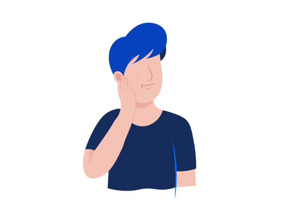 An illustration of a person from the middle of their torso upwards. They are holding their right hand to their slightly swollen cheek and are frowning. Three white squiggly lines come from their cheek. They have short blue hair and are wearing a navy blue short-sleeved t-shirt.