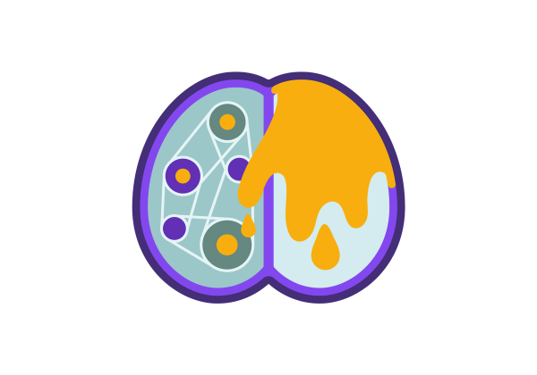 Purple brain with darker green on the left half and lighter green on the right half. A gear and band system is on the left side and yellow drips down the right side.