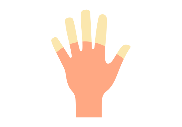 An illustration of a hand with outstretched fingers. The fingers are yellow from the middle knuckle up to the tips. The rest of the hand is medium peach toned.