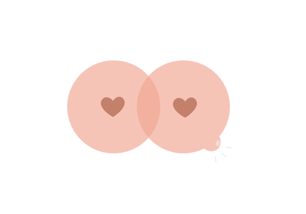 Two pink overlapping breasts with darker pink heart-shaped nipples. There is a lump on the lower right side of the right one.