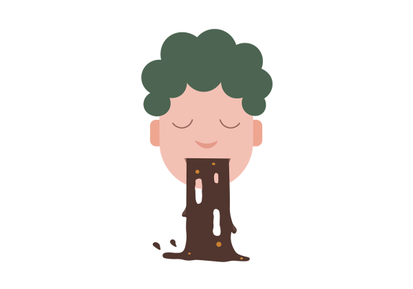 Black or Brown Vomit — Person with short green hair throwing up brown vomit.