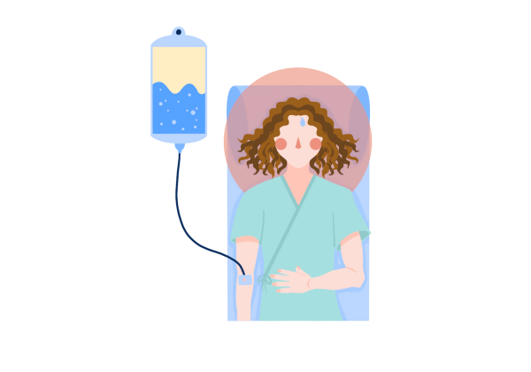 An illustration of a woman lying down in a hospital bed with her hand over her stomach. She is under anesthesia, administered by an IV drip bag on the left. A red circle surrounds the woman's head, and her cheeks and nose are flushed. There's a small sweat drop on her forehead. She is wearing a green hospital robe, and her brown wavy hair surrounds her head on the pillow. The IV bag is light blue and half-filled with medium blue liquid with bubbles. A dark blue IV tube connects the bag to a port in the woman's right arm.