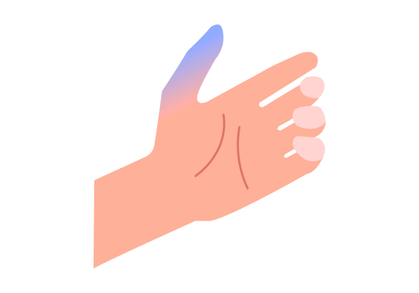 An illustration of a hand, palm up, with the fingers curling in naturally and the thumb sticking up. The thumb is light blue at the tip and fades into the rest of the light peach-toned skin of the hand.