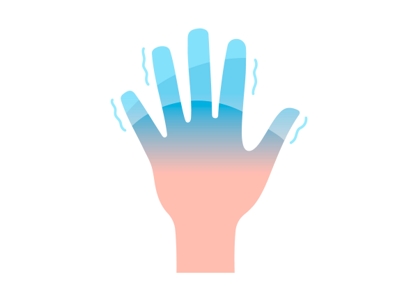 Eine Illustration einer Hand mit ausgestreckten Fingern. Die Finger haben von den Fingerspitzen bis zur Hand einen hellblauen bis dunkelblauen Farbverlauf. Vier hellblaue, schnörkelige Linien zeigen das Frösteln um die Finger.