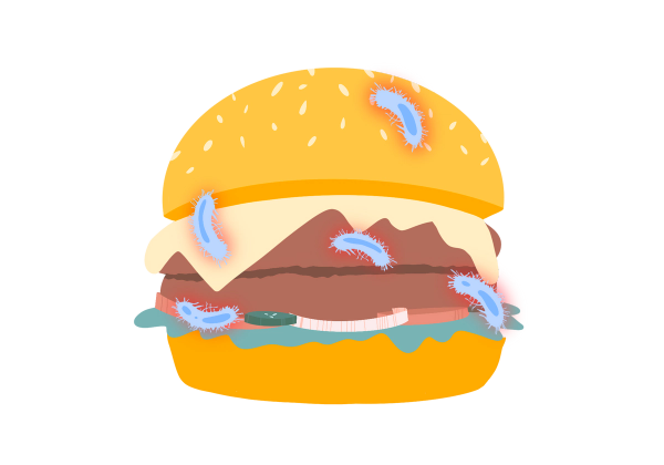 An illustration of a hamburger with light blue E. Coli bacteria visible on the undercooked meat and lettuce. The bacteria are light blue arcs with lines coming out of them and medium blue spots inside. A red glow behind the bacteria represents the danger.