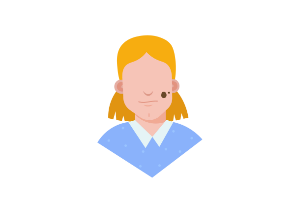 An illustration of a girl from the chest up facing forward. There are two dark brown round shapes on her left cheek, and the rest of her skin is light peach-toned. She has shoulder length blond hair and is wearing a light blue spotted shirt with a lighter blue collar.