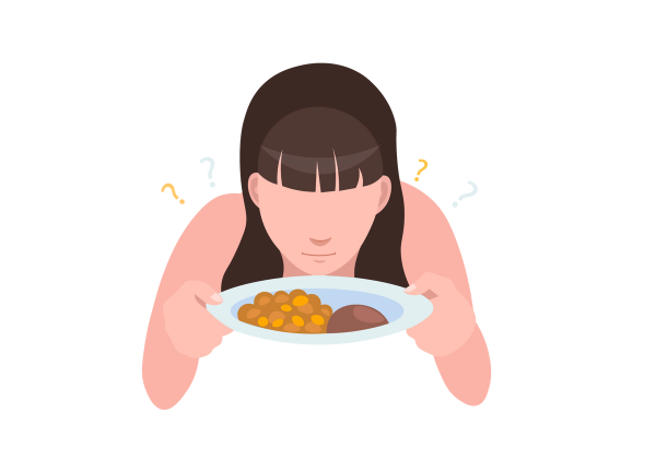 An illustration of a woman leaning over a plate of food. Two yellow question marks are next to her head. She has brown hair with bangs.