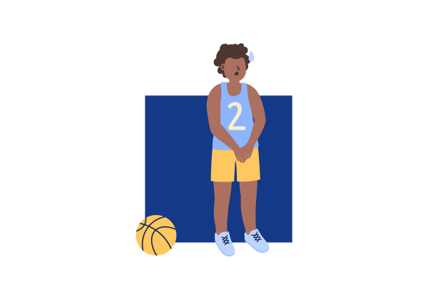 A person wearing a basketball uniform standing with their hands crossed over their crotch. A basketball is to the left and a dark blue square is behind them both.