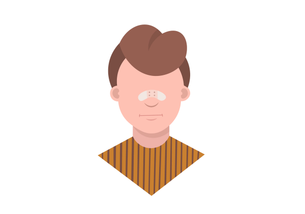 An illustration of a bust of a man with a bandaid across his nose. He has short brown hair and is wearing a yellow and brown striped shirt.