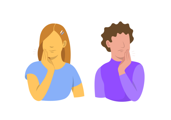 An illustration of two people next to each other. The person on the left is holding her right cheek, the person on the left is holding his left cheek. The woman has brown hair and is wearing a light blue short-sleeved t-shirt. The man has dark brown short curly hair and is wearing a purple turtleneck.