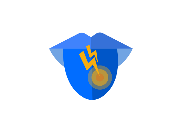 An illustration of a blue tongue sticking out of blue lips. A series of concentric yellow circles show a spot on the tongue, two yellow lightning bolts come out of the spot.