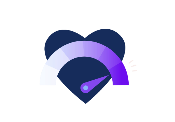 A dark blue heart with a purple indicator like a dial used to track blood pressure. The indicator is pointing all the way to the right of the arch above the heart. The arch is a gradient from white to purple, left to right.