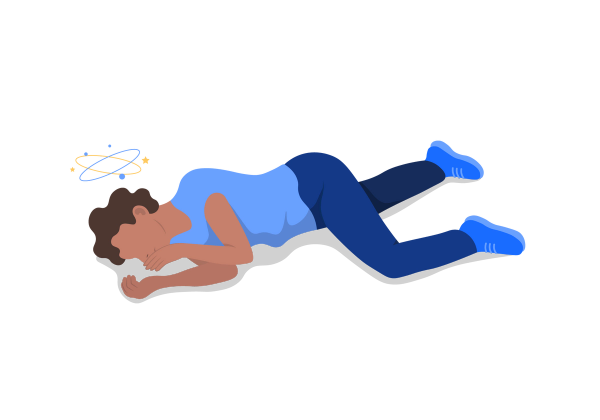 An illustration of a woman lying on the ground on her side. One leg is bent up and her arms are bent as well, showing a position that represents a recent fall. An oval and starts surround her head showing dizziness. She has medium brown skin, short, curly, dark brown hair and is wearing a medium blue short-sleeved t-shirt and dark blue jeans with blue sneakers.