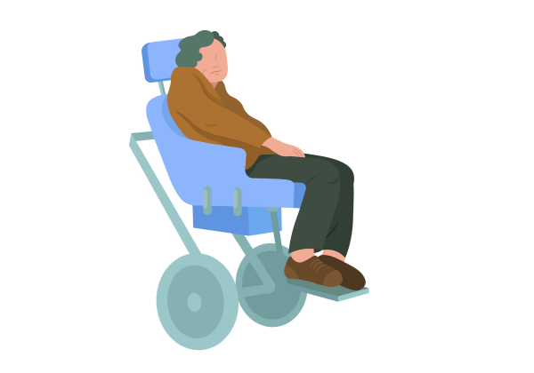 An illustration of a person in a wheelchair. The person is leaning to one side, with their head resting on their shoulder. The wheelchair is blue with green metal and wheels. The person has short, green, curly hair, their face is drooping, and they are wearing a long sleeved brown sweater, dark green pants, and brown shoes.