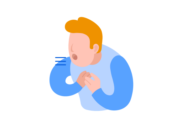 An illustration of a man with his hands on his chest leaning forward with his mouth open. Three blue lines come out of his mouth representing air. He has peach skin and orange hair, and is wearing a blue long-sleeved t-shirt.