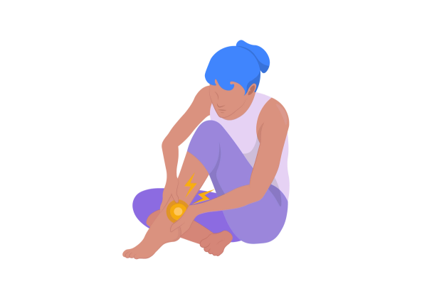 An illustration of a woman sitting with one leg crossed in front of her and the other bent at the knee but tucked up to her chest. She is leaning over her leg, grabbing her ankle with both hands, and looking at a yellow spot on the ankle. Two yellow lightning bolts come from the spot. She is frowning, her skin is medium-dark peach-toned, and she has blue hair tied up in a bun. She is wearing medium purple leggings and a light purple tank top.