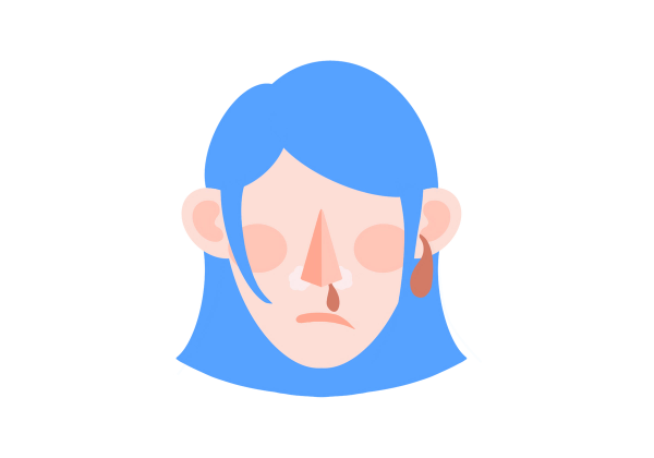 An illustration of a woman with scaling around her red nose. Blood drips from her nose and also from her right ear. Her cheeks are red. She has blue hair.