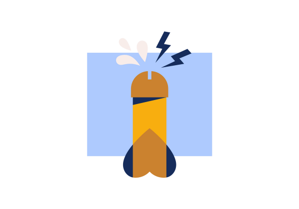 An illustration of an upright penis and scrotum. The penis is yellow and the scrotum is dark blue. Two drops of semen come from the tip of the penis, as well as two dark blue lightning bolts. The background is a light blue rectangle.