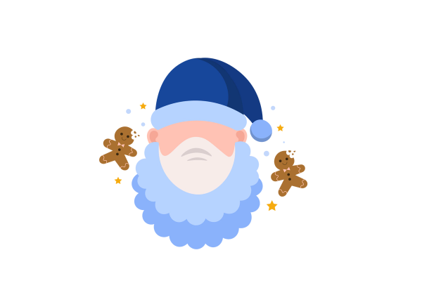 An illustration of a Santa-like older man with a blue hat and beard. He is wearing a mask. Two gingerbread men are next to him, as well as some small yellow stars and blue dots.