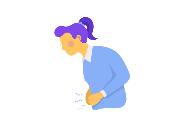 An illustration of a frowning purple-haired woman wearing a blue shirt bends over clutching her stomach. Three blue squiggles extend from her stomach.