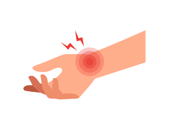 An illustration of a hand and wrist. There are red concentric circles and two red lightning bolts emanating from the wrist.