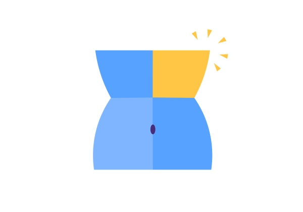 A blue abdomen divided into four sections. The upper left quadrant is yellow and purple expression lines emanate from it.