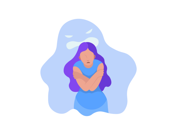 An illustration of a woman with long purple hair clutching her arms across her chest. She is frowning. A light blue ghost-like figure looms over her.