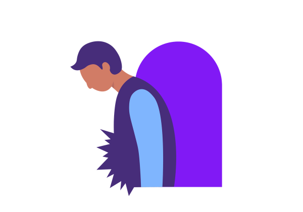 Illustration d’un homme affalé vu de côté. Son abdomen présente des pointes. Sa chemise est violette avec des manches bleu clair et un arc violet derrière lui. Il a une peau pêche plus foncée et des cheveux violets.