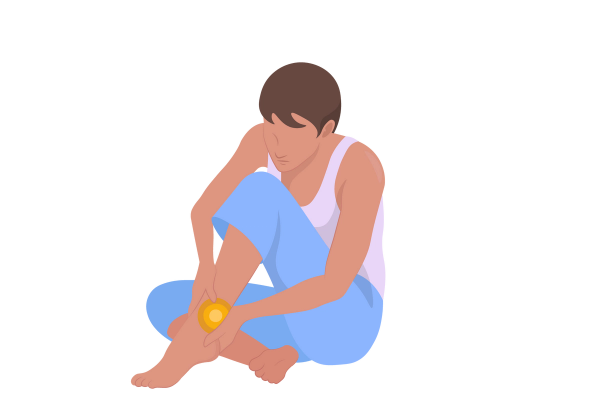 An illustration of a woman sitting and leaning over her bent knee. There are yellow concentric circles on her ankle that she is holding. She has short brown hair and her skin is medium peach-toned. She is wearing a light pink tank top and light blue capris.