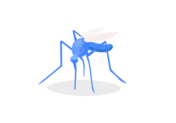 Uma ilustração de um mosquito azul com asas rosa claro. Ele está em um ângulo de três quartos e sua boca está embutida em um oval translúcido cinza claro sobre o qual está apoiado.