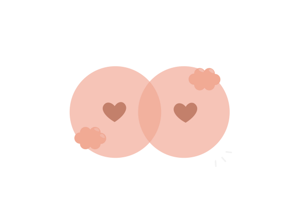 Two pink overlapping breasts with darker pink heart-shaped nipples. Two medium pink cloud shapes are on the lower left and upper right corners of the breasts.