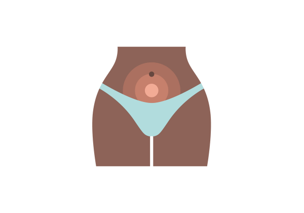 A woman's hips and thighs, wearing light blue underwear. Concentric circles emanate from below her bellybutton.